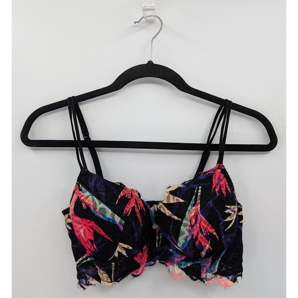 Victoria's Secret PINK Bra 36B Black Tropical Lace Date Lightly Lined